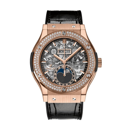 Hublot Classic Fusion Aerofusion Moonphase King with Diamonds Gold Diamonds 42 mm Transparent Dial 18K King Gold   Leather Strap 547.OX.0180.LR.1104