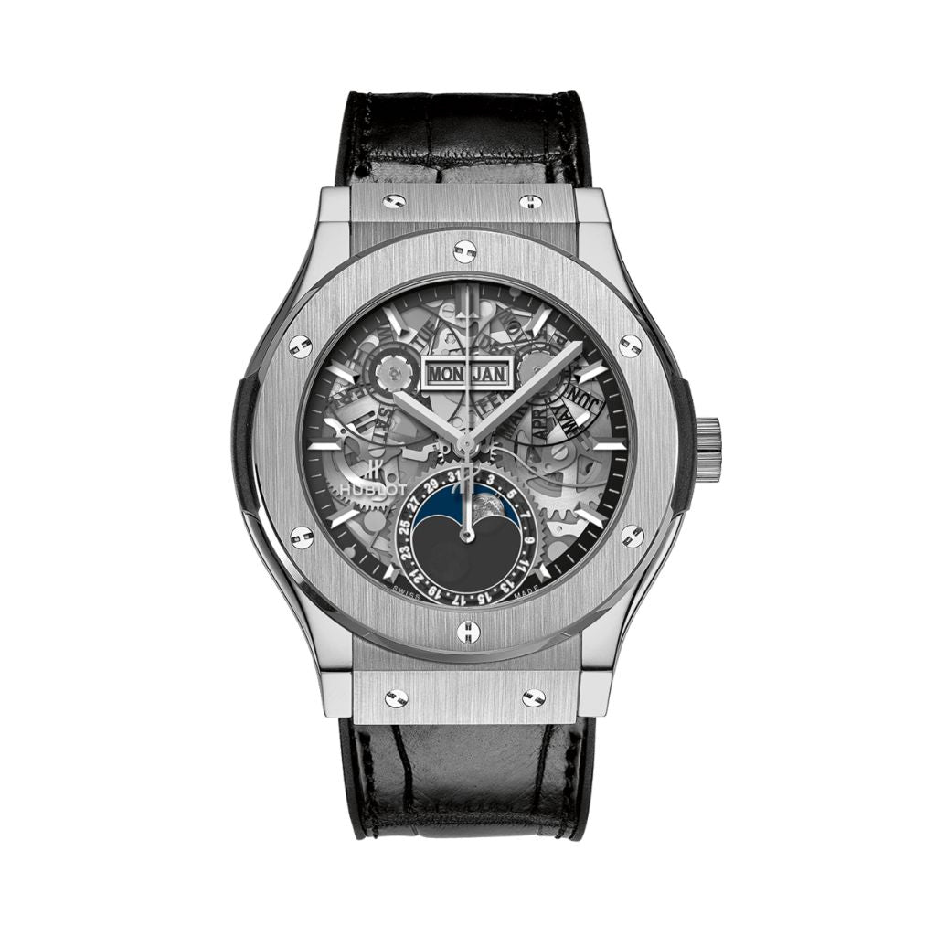 Hublot Classic Fusion Aerofusion Moonphase Titanium 42 mm Transparent Dial Polished Titanium   Leather Strap 547.NX.0170.LR