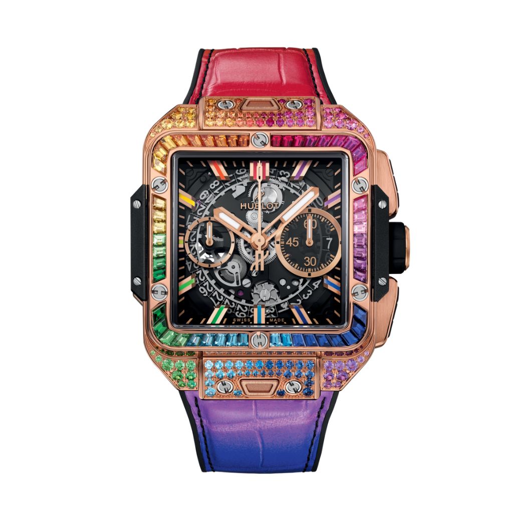 Hublot Square Bang Unico King Gold Rainbow 42 mm Black Dial with Diamonds Polished 18K King Gold   Leather Strap 821.OX.0118.LR.0999