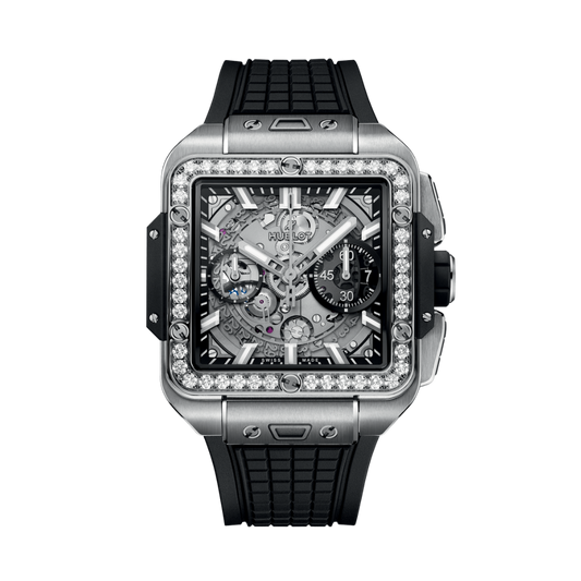 Hublot Square Bang Unico Titanium Diamonds 42 mm Transparent Dial with Diamonds Polished Titanium Rubber Strap 821.NX.0170.RX.1204