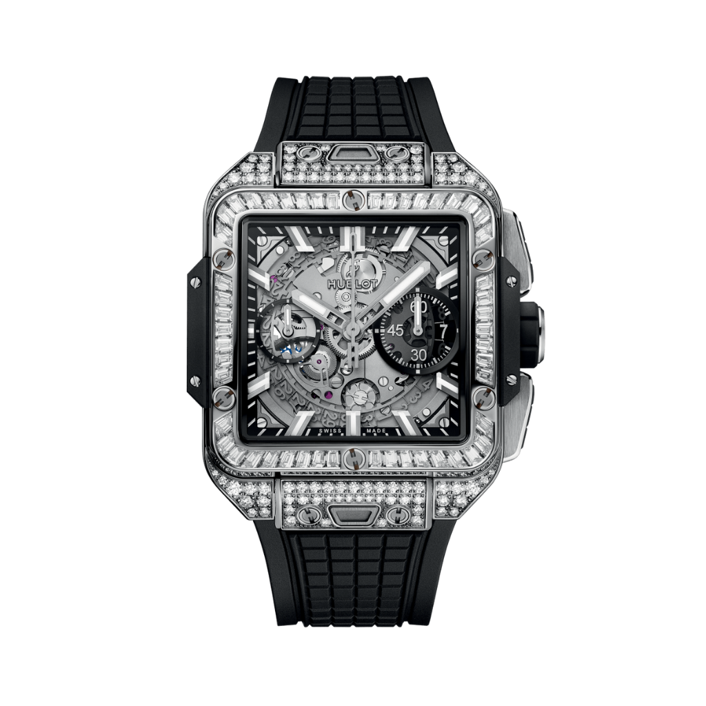 Hublot Square Bang Unico Titanium Jewellery 42 mm Transparent Dial with Diamonds Polished Titanium Rubber Strap 821.NX.0170.RX.0904