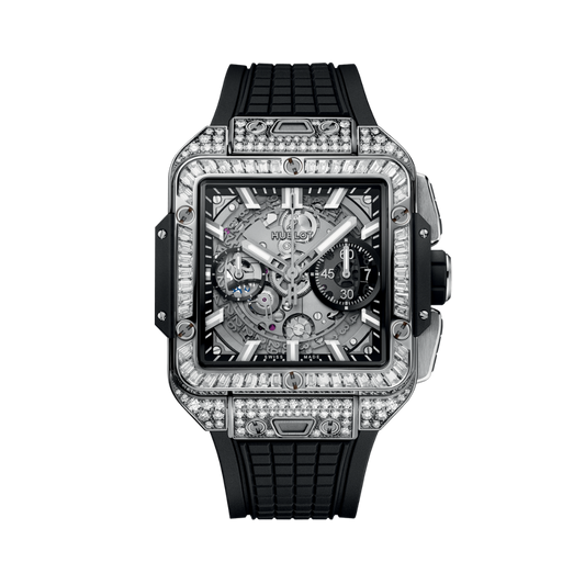 Hublot Square Bang Unico Titanium Jewellery 42 mm Transparent Dial with Diamonds Polished Titanium Rubber Strap 821.NX.0170.RX.0904