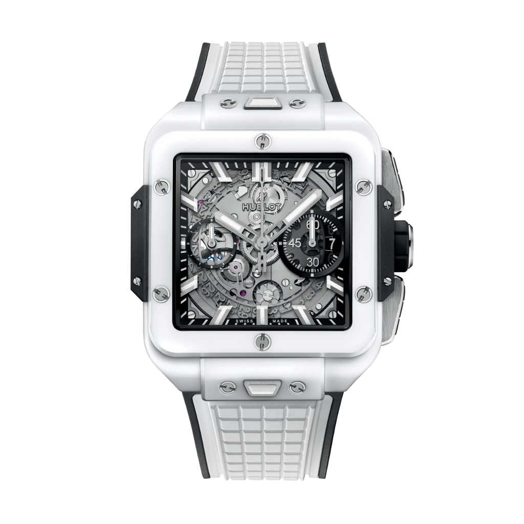 Hublot Square Bang Unico White Ceramic 42 mm Transparent Dial Microblasted and Polished White Ceramic Rubber Strap 821.HX.0170.RX