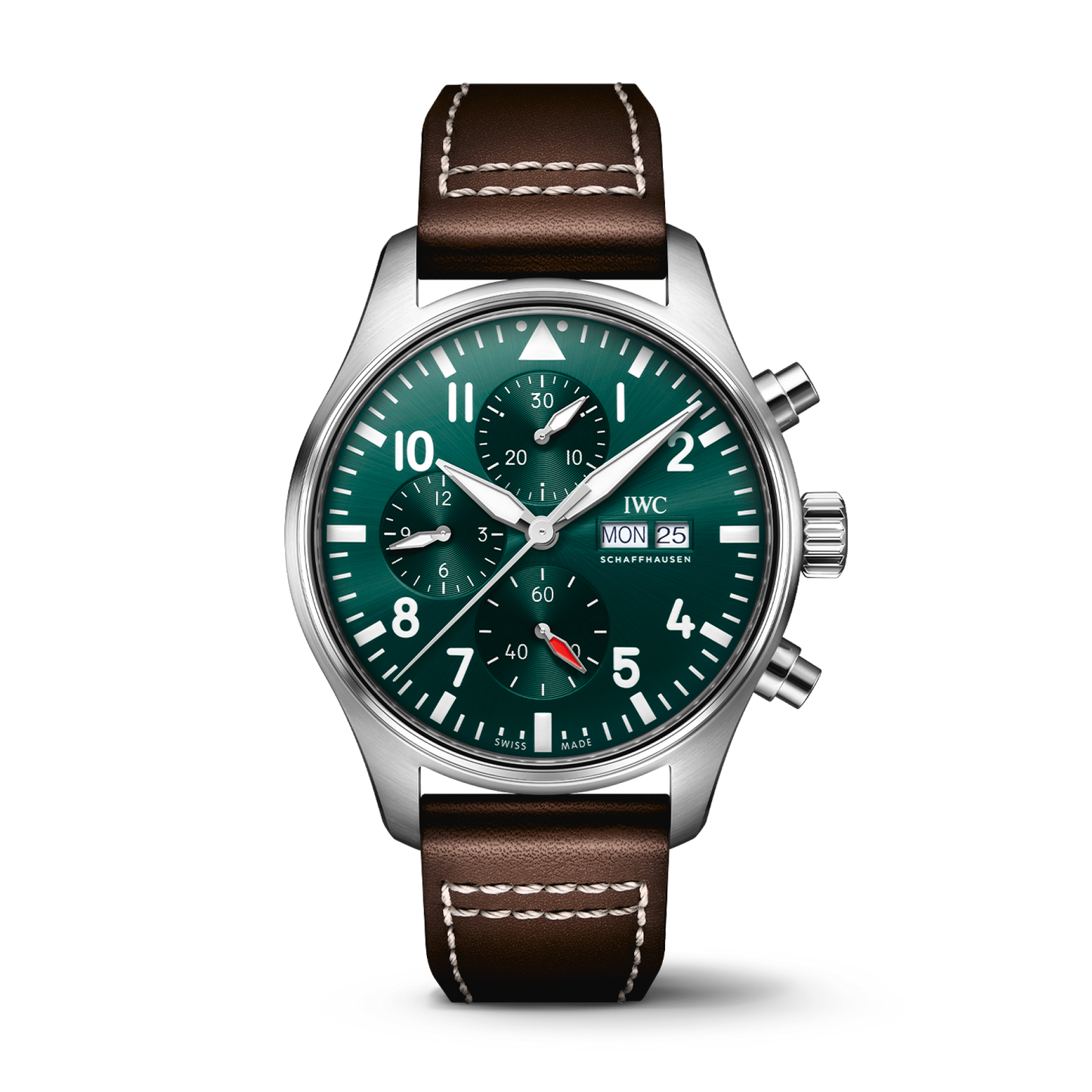 IWC Schaffhausen Pilot's Watch Chronograph 43 mm Green Dial Stainless Steel Brown   Strap IW378005