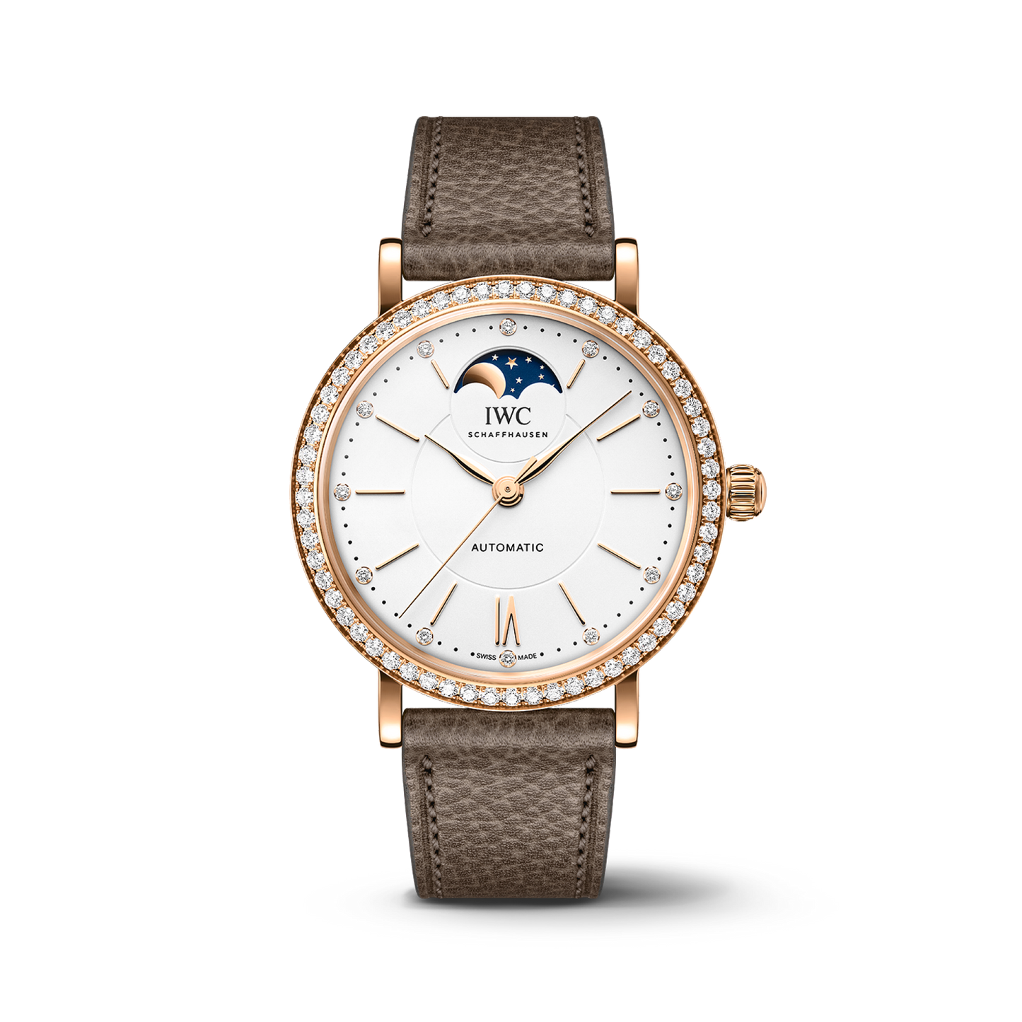IWC Schaffhausen Portofino Automatic Moon Phase 37.1 mm Silver  Dial 18 Kt 5N Gold Case Taupe   Strap IW659602