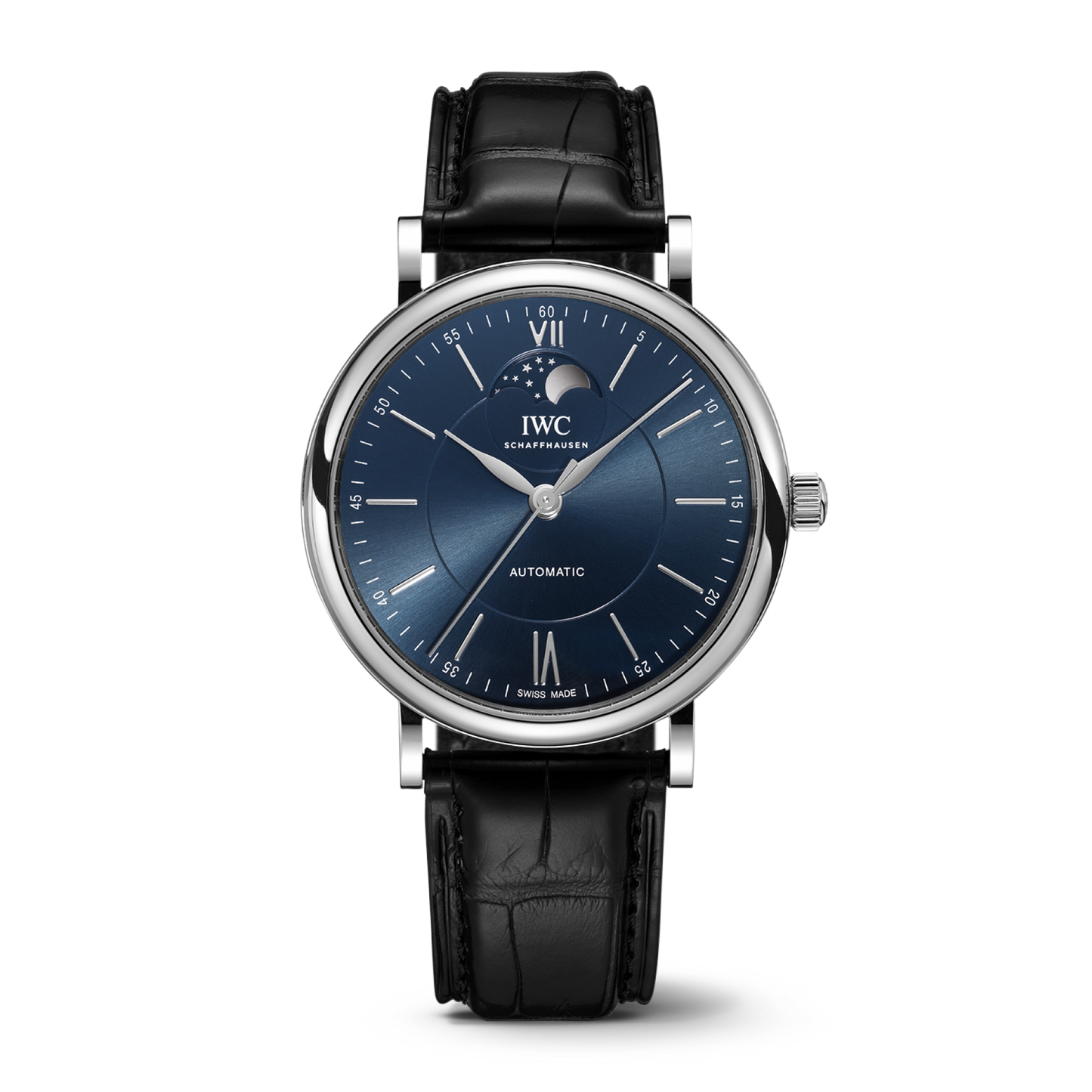 IWC Schaffhausen Portofino Automatic Moon Phase 40 mm Blue  Dial Stainless Steel Black   Leather Strap IW459402