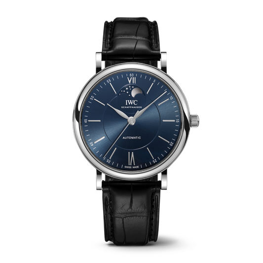 IWC Schaffhausen Portofino Automatic Moon Phase 40 mm Blue  Dial Stainless Steel Black   Leather Strap IW459402