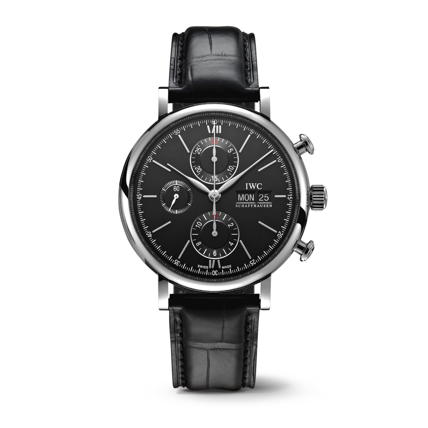 IWC Schaffhausen Portofino Chronograph 42 mm Black  Dial Stainless Steel Black   Leather Strap IW391029