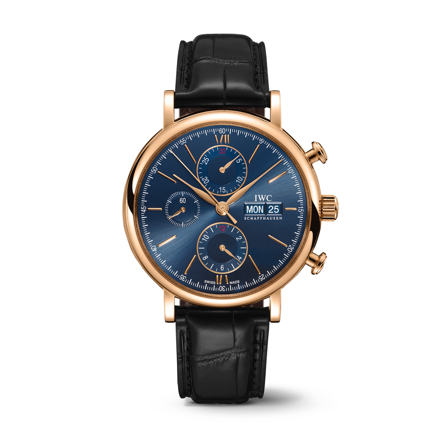 IWC Schaffhausen Portofino Chronograph 42 mm Blue  Dial 18 Kt 5N Gold Black   Leather Strap IW391035