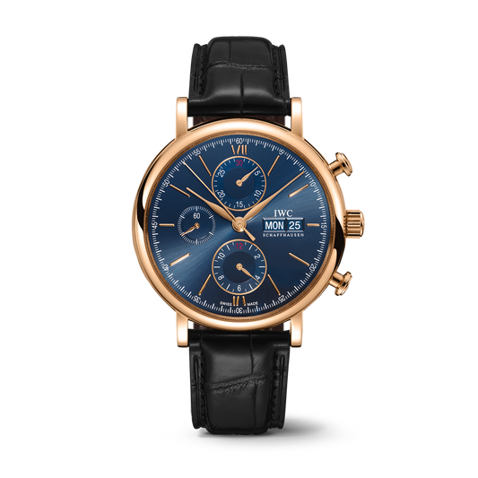 IWC Schaffhausen Portofino Chronograph 42 mm Blue  Dial 18 Kt 5N Gold Black   Leather Strap IW391035