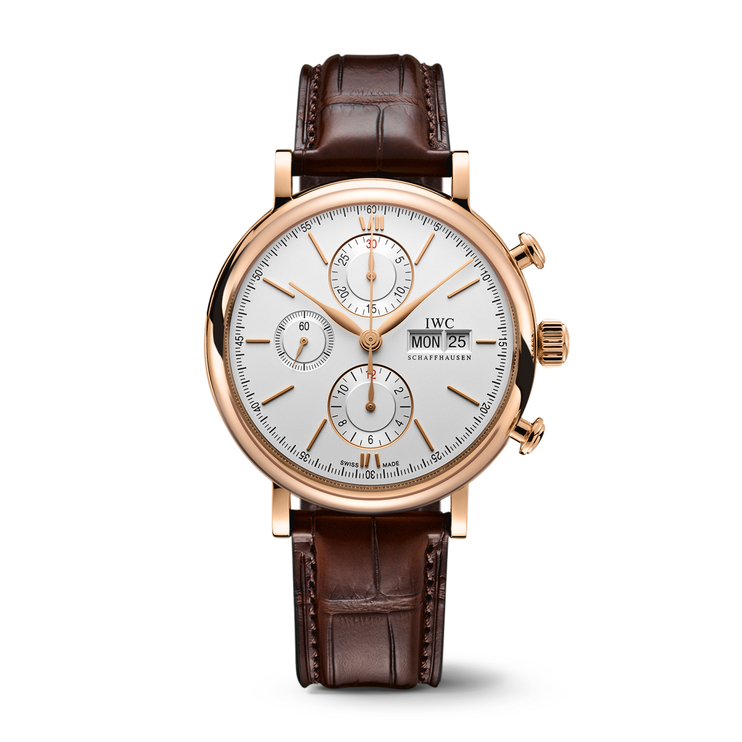 IWC Schaffhausen Portofino Chronograph 42 mm Silver  Dial 18 Kt 5N Gold Dark Brown   Leather Strap IW391025