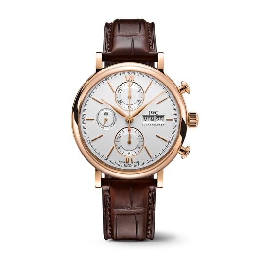 IWC Schaffhausen Portofino Chronograph 42 mm Silver  Dial 18 Kt 5N Gold Dark Brown   Leather Strap IW391025
