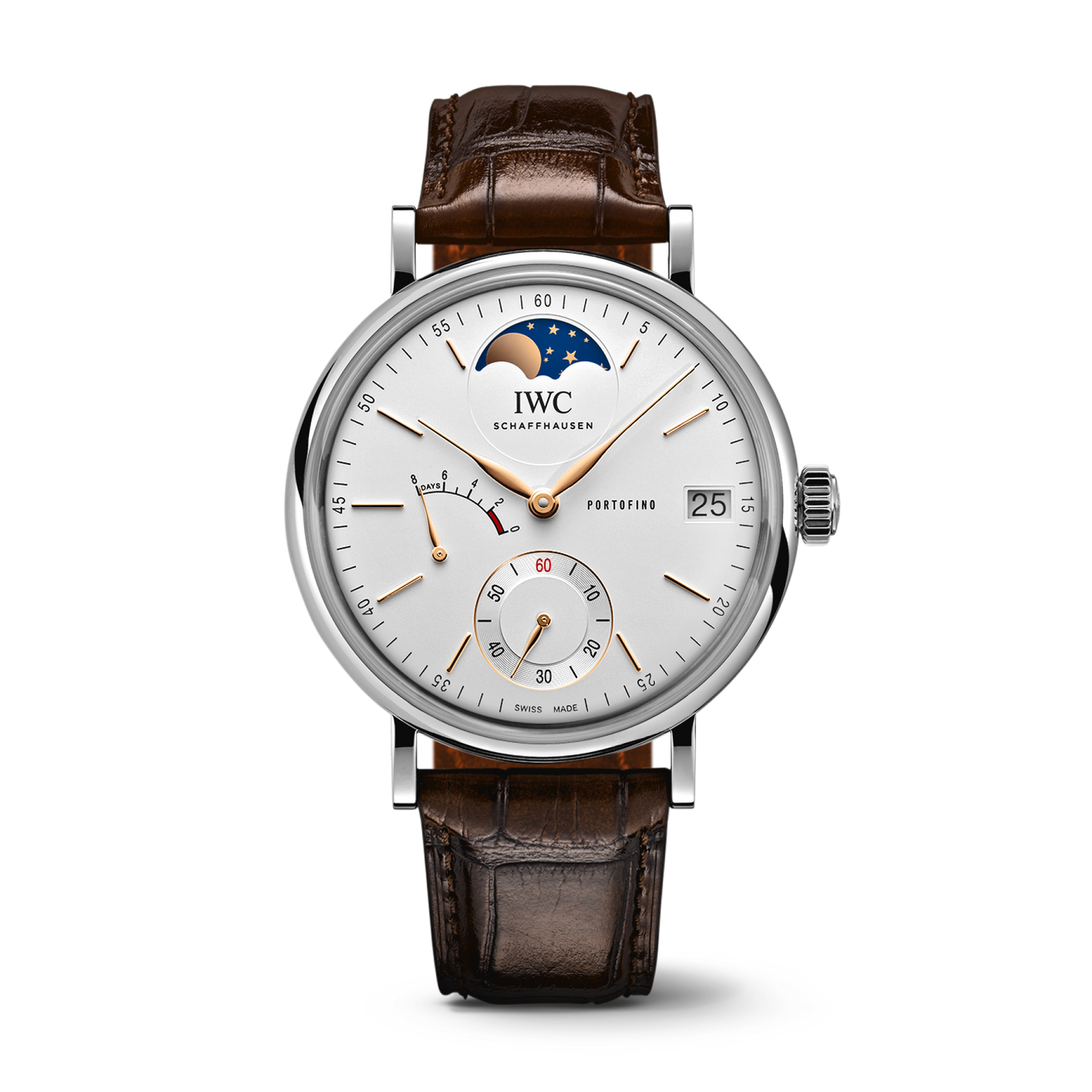 IWC Schaffhausen Portofino Hand-Wound Moon Phase 45 mm Silver  Dial Stainless Steel Dark Brown   Leather Strap IW516401