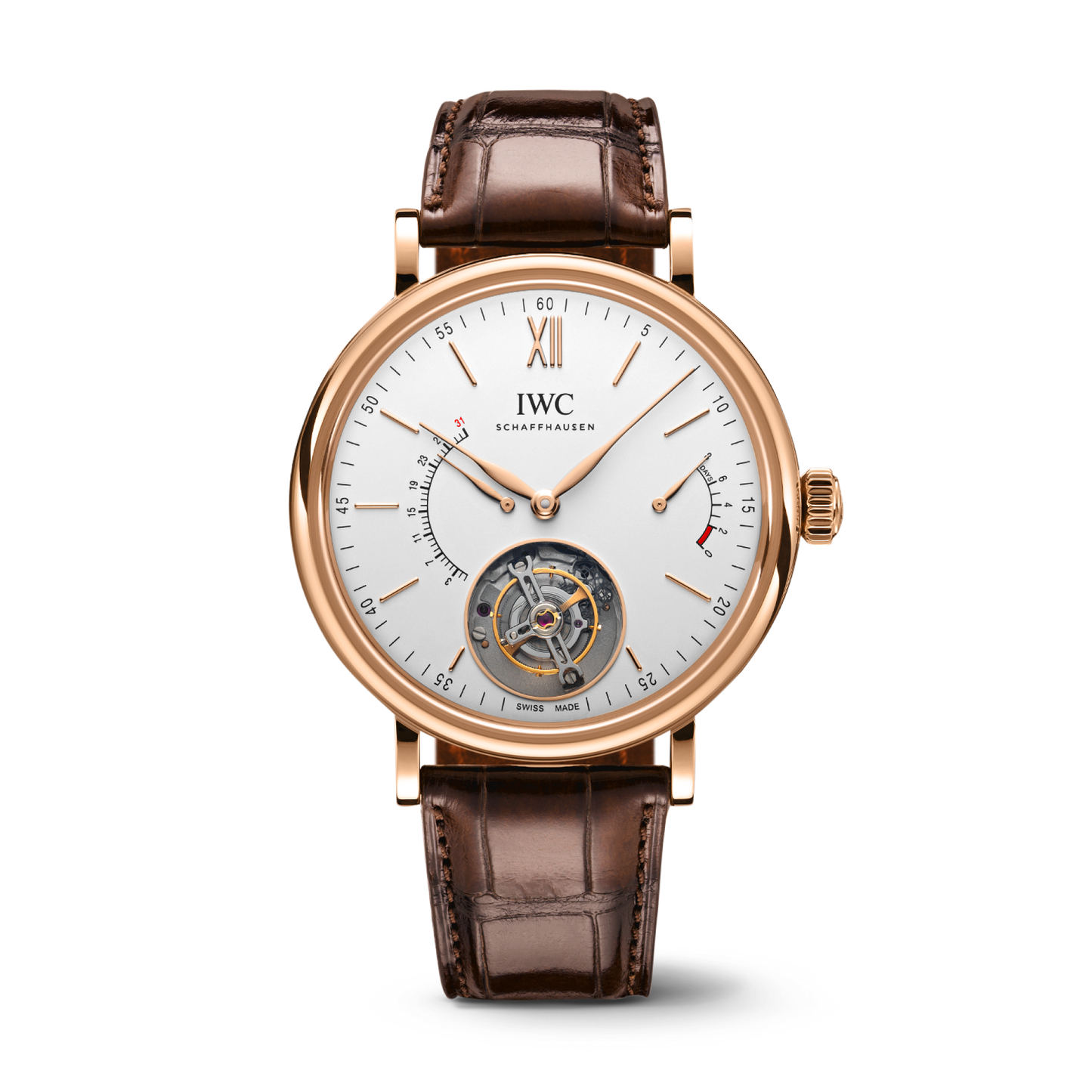 IWC Schaffhausen Portofino Hand-Wound Tourbillon Rétrograde 45 mm Silver  Dial 18 Kt 5N Gold Dark Brown   Leather Strap IW516501