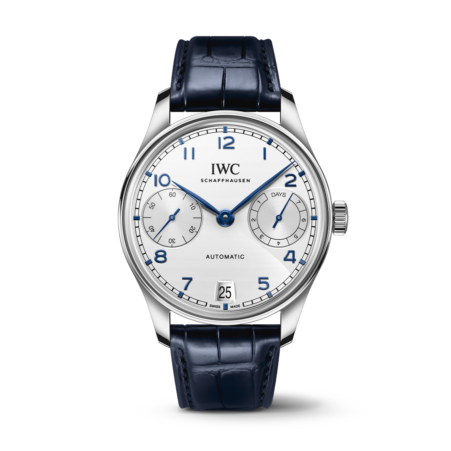 IWC Schaffhausen Portugieser Automatic 42 mm Silver Dial Stainless Steel Blue   Leather Strap IW501702