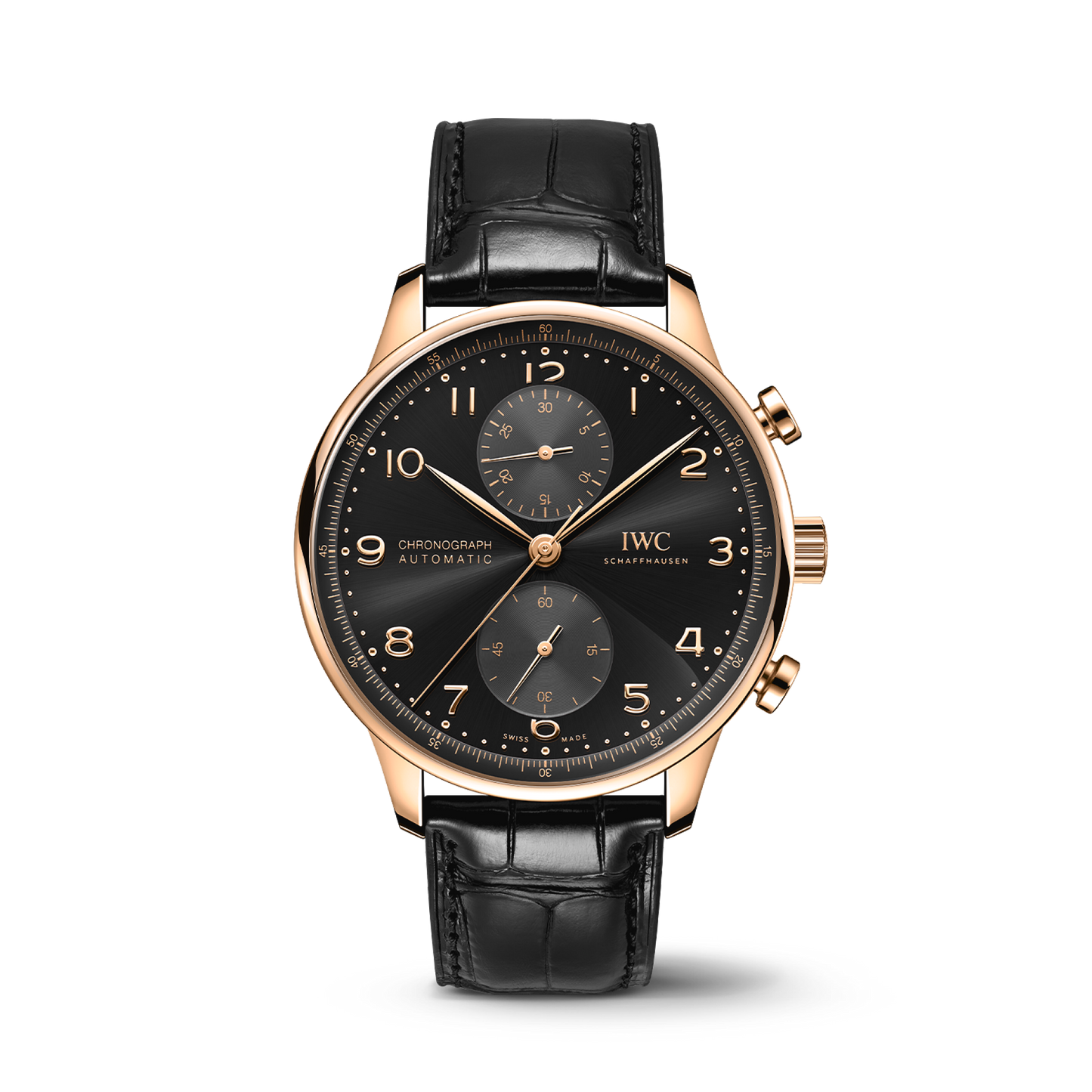 IWC Schaffhausen Portugieser Chronograph 41 mm Black Dial 18k 5N Gold Black   Leather Strap IW371625