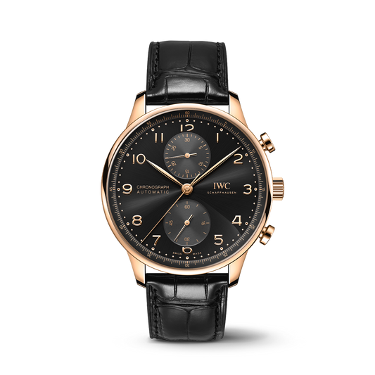 IWC Schaffhausen Portugieser Chronograph 41 mm Black Dial 18k 5N Gold Black   Leather Strap IW371625