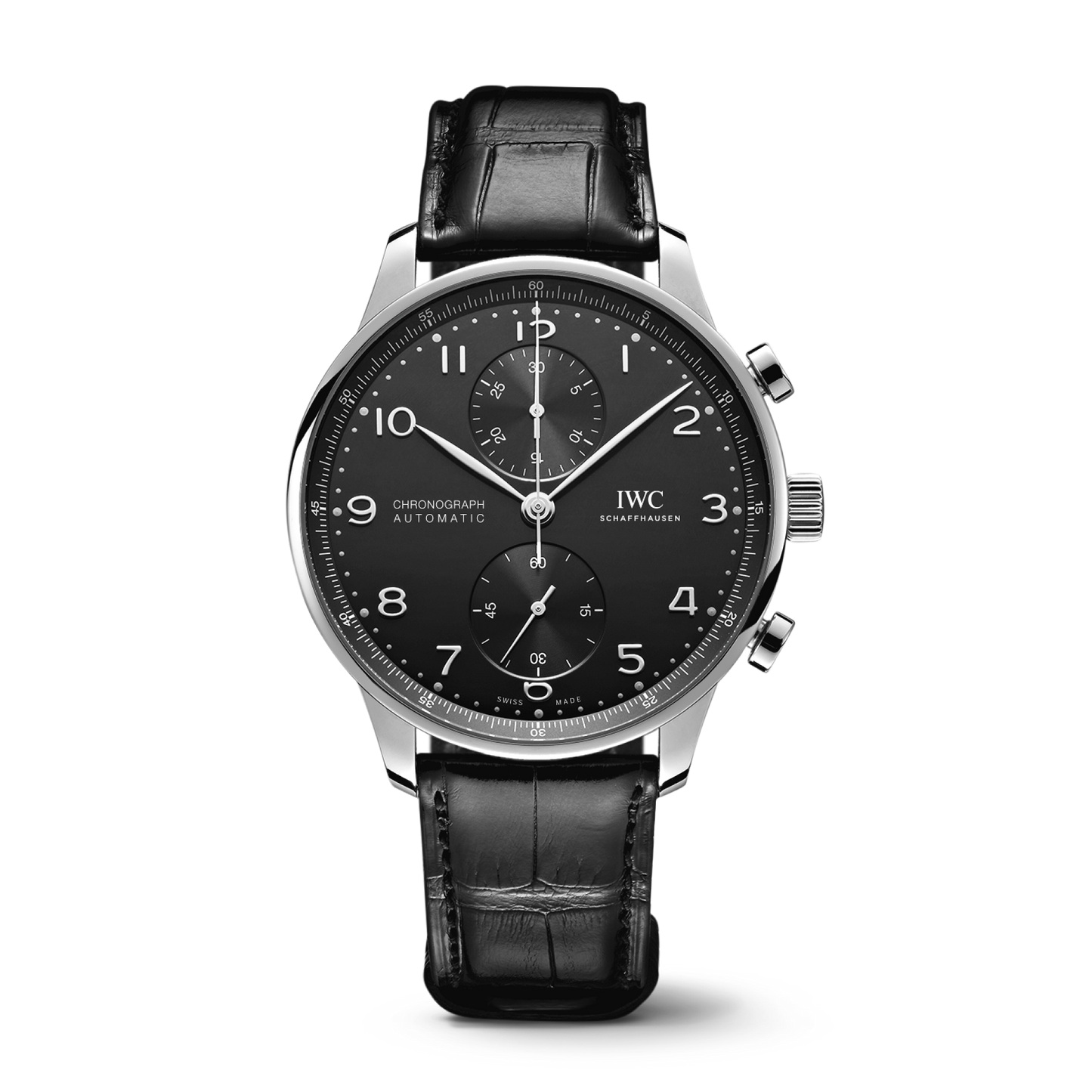 IWC Schaffhausen Portugieser Chronograph 41 mm Black Dial Stainless Steel Black   Leather Strap IW371609