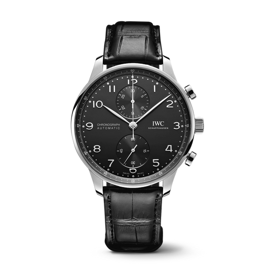 IWC Schaffhausen Portugieser Chronograph 41 mm Black Dial Stainless Steel Black   Leather Strap IW371609