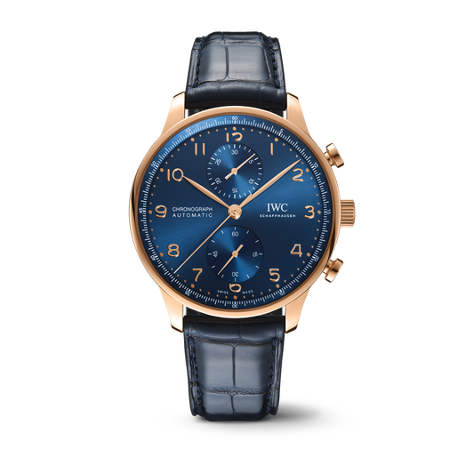 IWC Schaffhausen Portugieser Chronograph 41 mm Blue Dial 18k 5N Gold Blue   Leather Strap IW371614