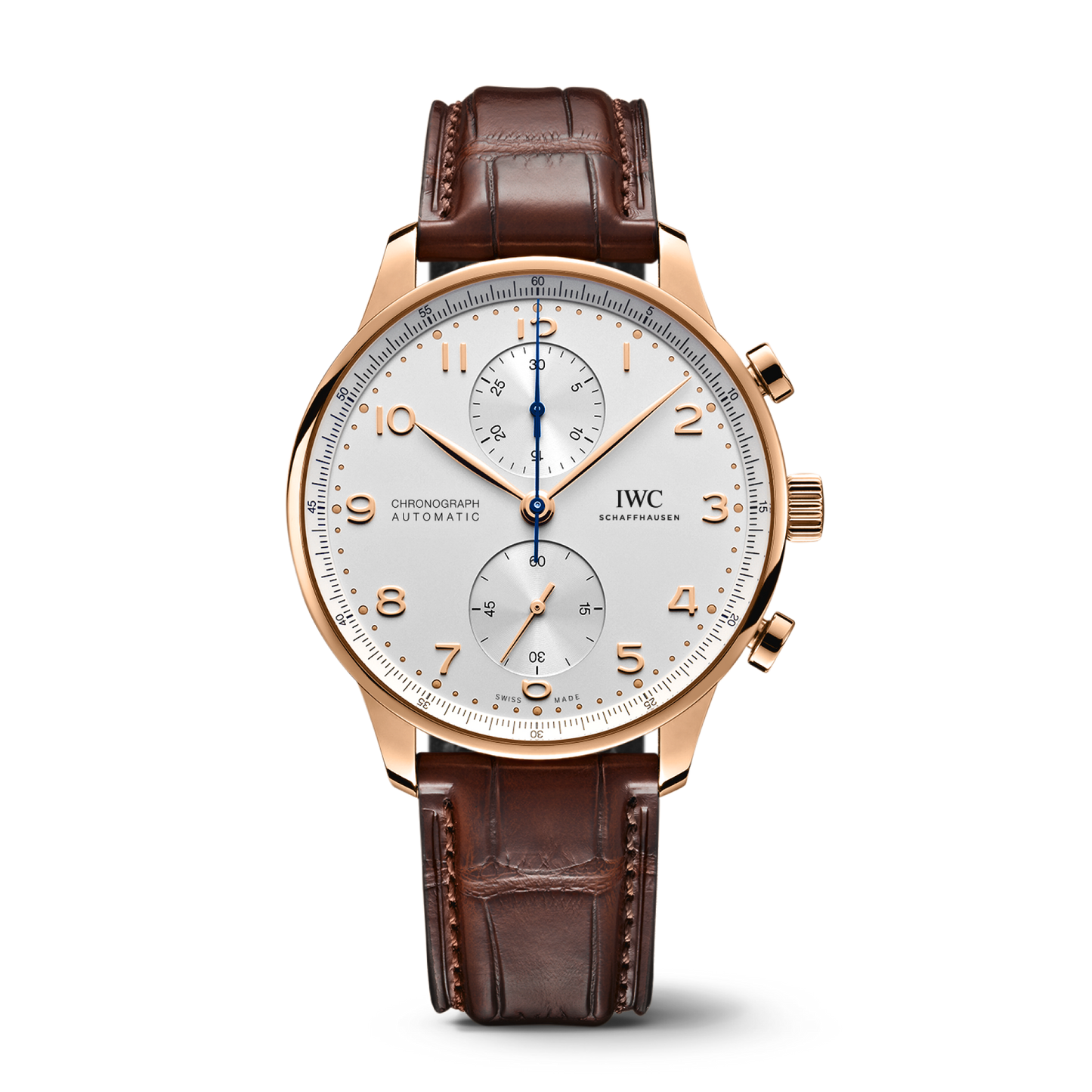 IWC Schaffhausen Portugieser Chronograph 41 mm Silver Dial 18k 5N Gold Dark Brown   Leather Strap IW371611