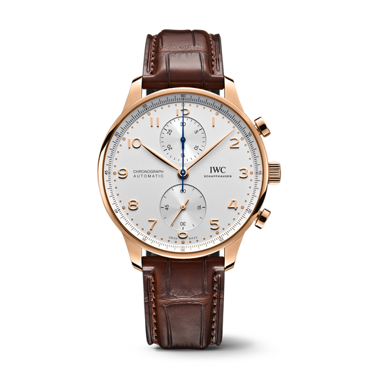 IWC Schaffhausen Portugieser Chronograph 41 mm Silver Dial 18k 5N Gold Dark Brown   Leather Strap IW371611