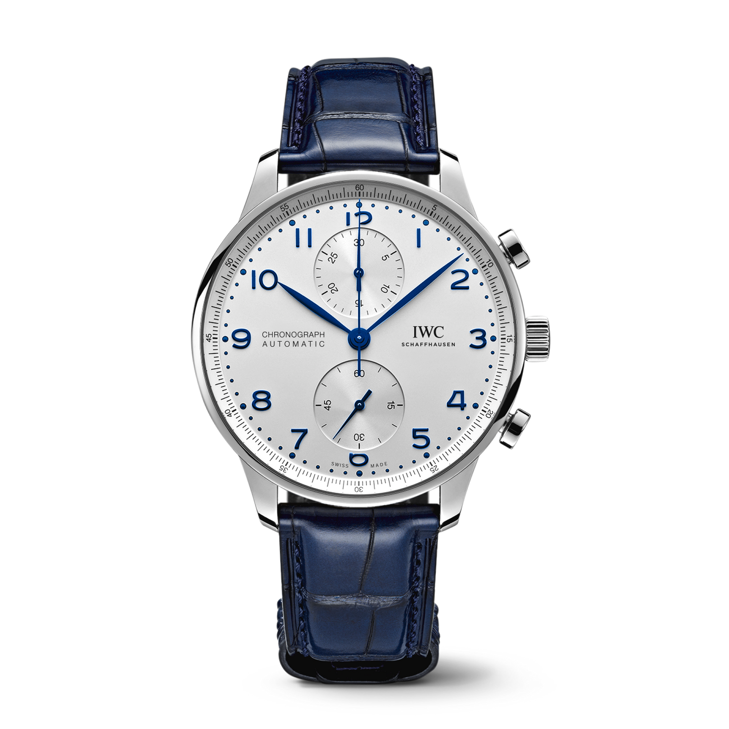 IWC Schaffhausen Portugieser Chronograph 41 mm Silver Dial Stainless Steel Blue   Leather Strap IW371605