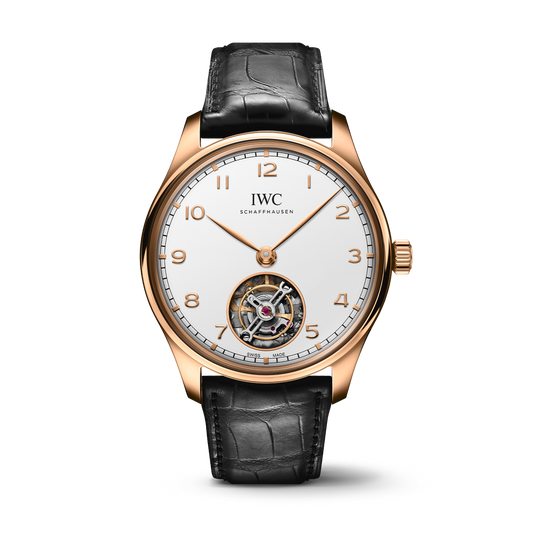 IWC Schaffhausen Portugieser Hand-Wound Tourbillon 42.4 mm Silver Dial 18k Armor Gold Black   Leather Strap IW545801