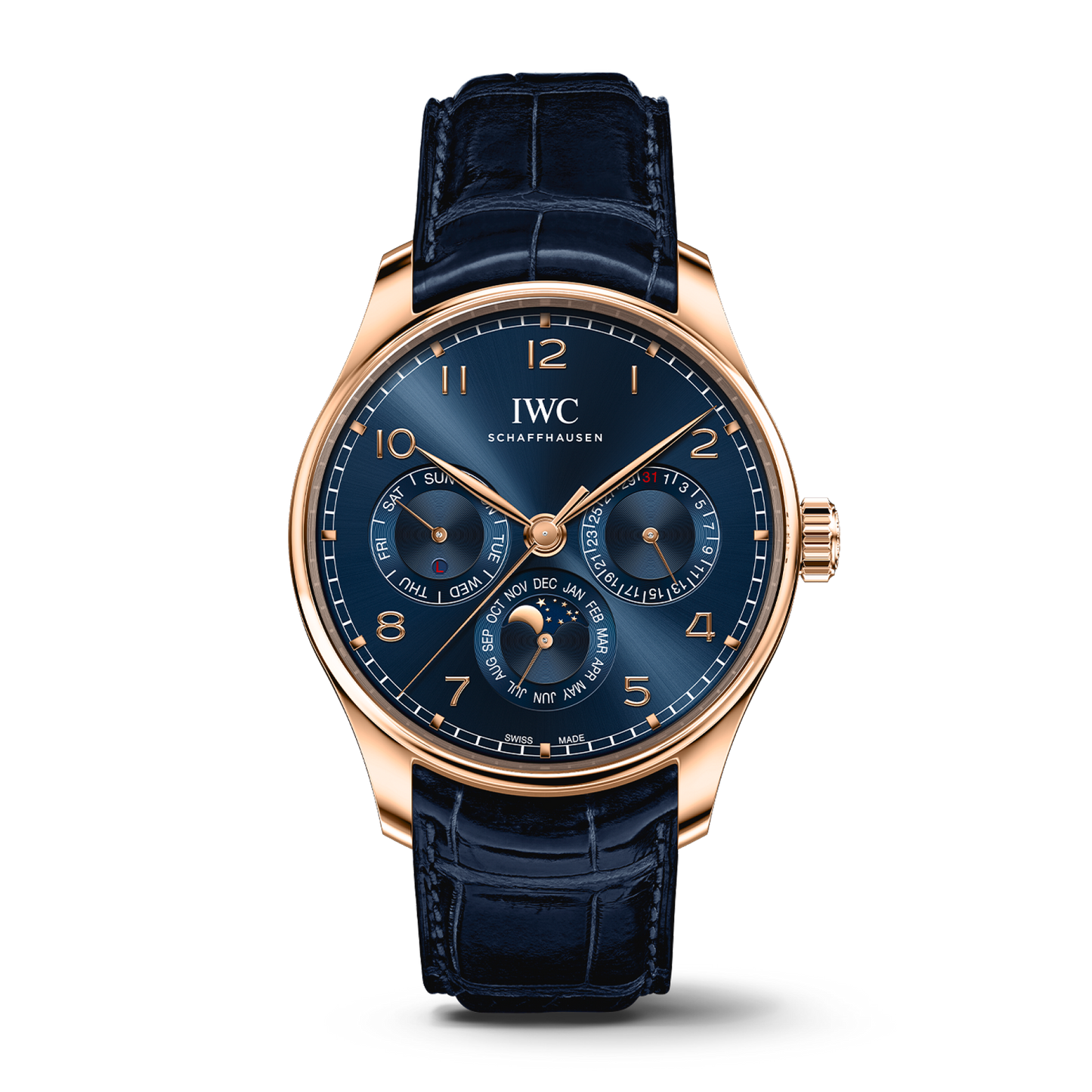 IWC Schaffhausen Portugieser Perpetual Calendar 42.4 mm Blue Dial 18k 5N Gold Blue   Leather Strap IW344205