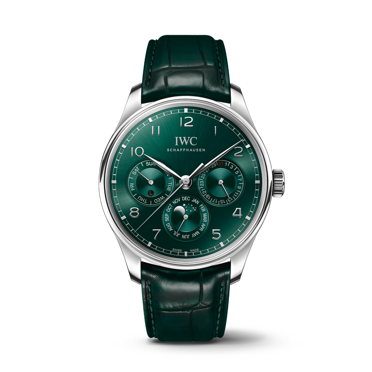 IWC Schaffhausen Portugieser Perpetual Calendar 42.4 mm Green Dial Stainless Steel Green   Leather Strap IW344207