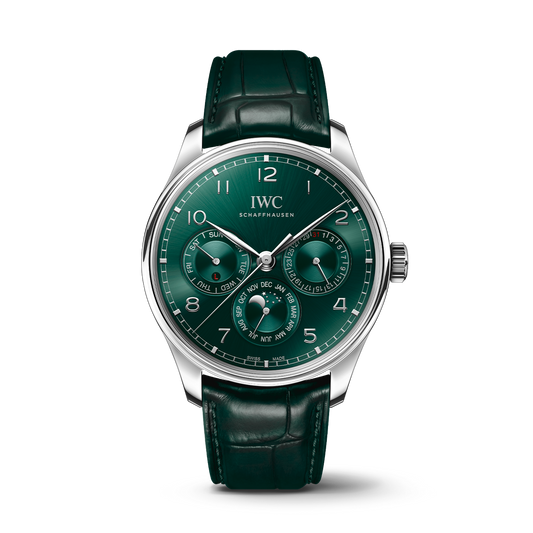 IWC Schaffhausen Portugieser Perpetual Calendar 42.4 mm Green Dial Stainless Steel Green   Leather Strap IW344207
