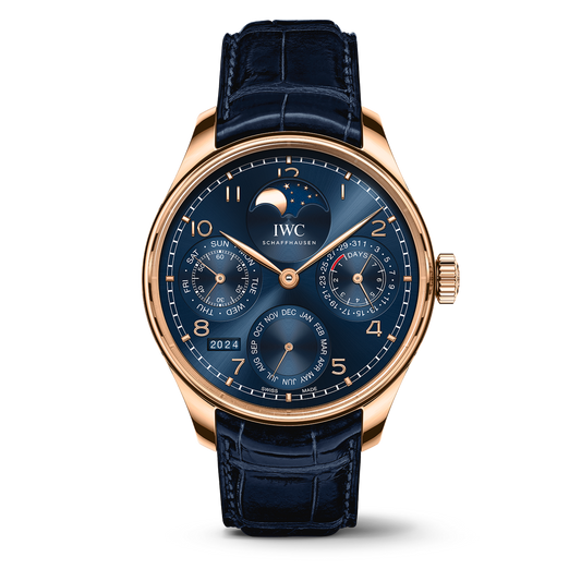 IWC Schaffhausen Portugieser Perpetual Calendar 44.2 mm Blue Dial 18k Armor Gold Blue   Leather Strap IW503312