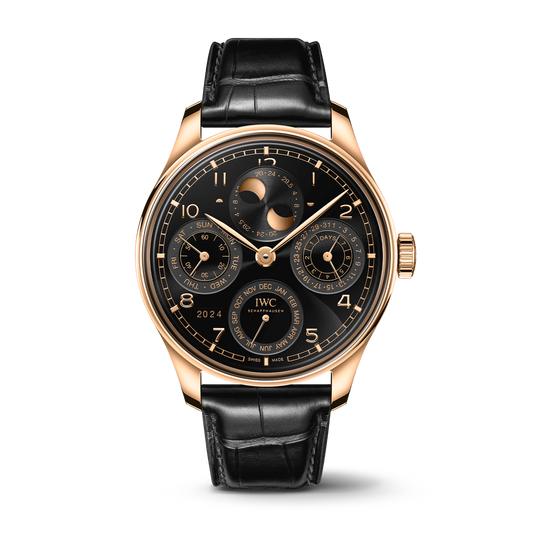 IWC Schaffhausen Portugieser Perpetual Calendar 44.4 mm Black Dial 18 Kt Armor Gold® Black   Leather Strap IW503702