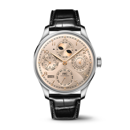 IWC Schaffhausen Portugieser Perpetual Calendar 44.4 mm Sparkling Beige Dial 18 Kt White Gold Black   Leather Strap IW503704