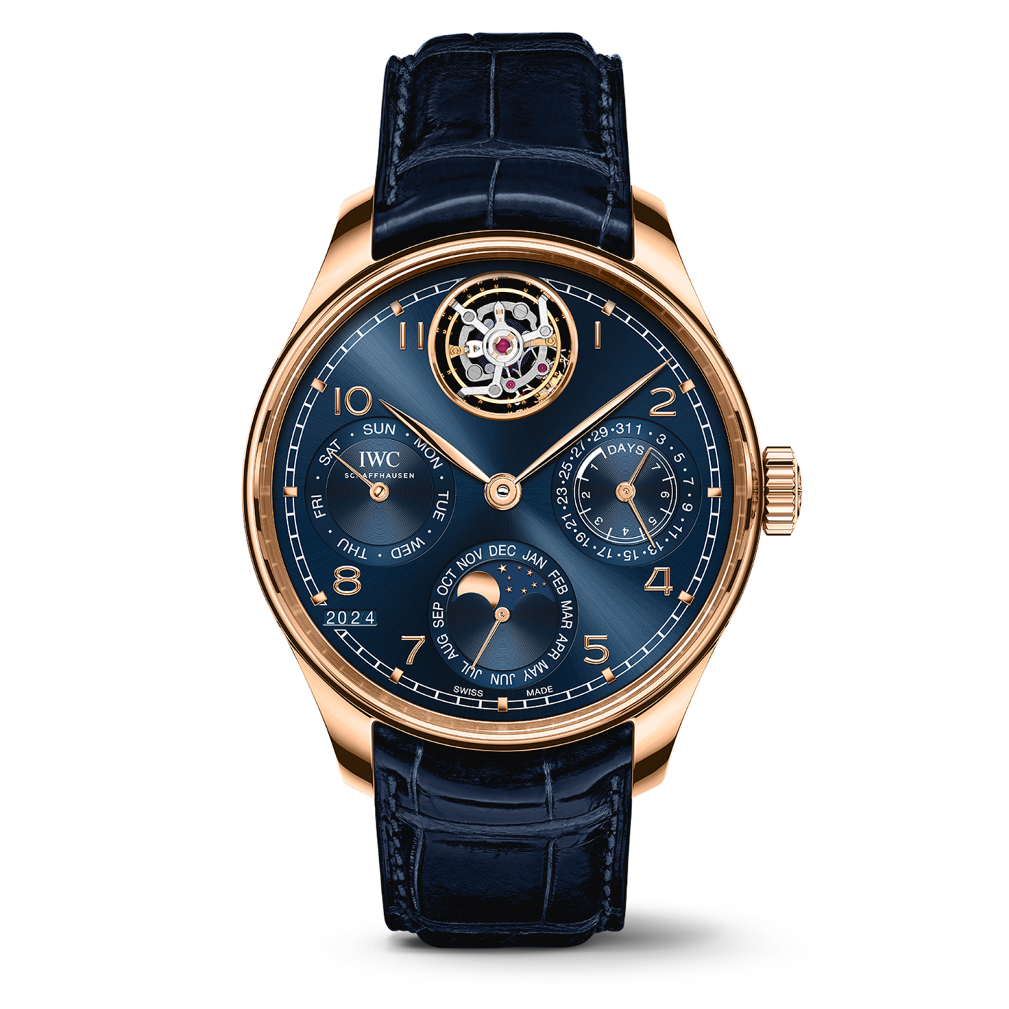 IWC Schaffhausen Portugieser Perpetual Calendar Tourbillon 45 mm Blue Dial 18k Armor Gold Blue   Leather Strap IW504504