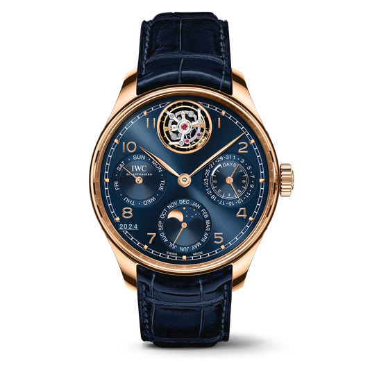 IWC Schaffhausen Portugieser Perpetual Calendar Tourbillon 45 mm Blue Dial 18k Armor Gold Blue   Leather Strap IW504504