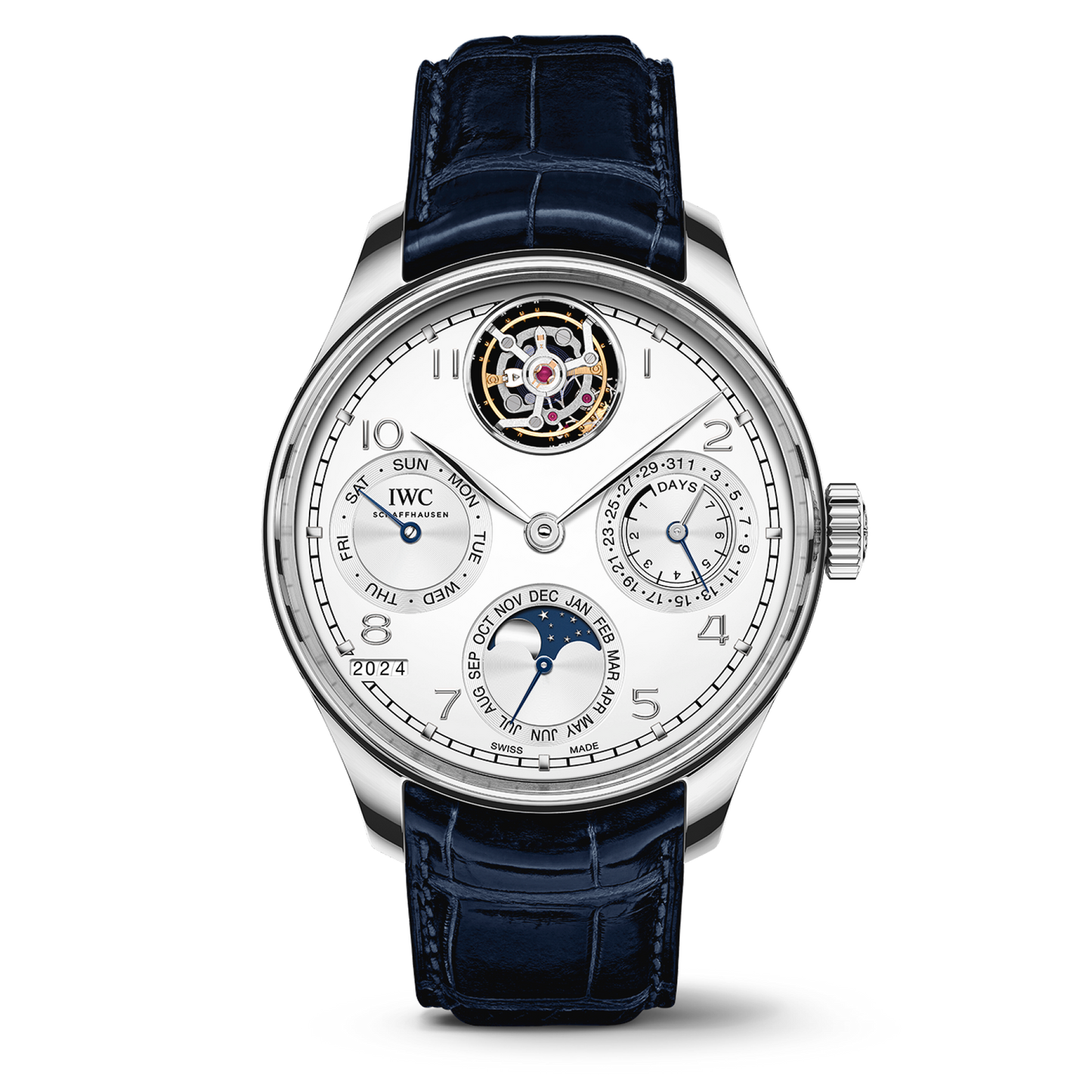 IWC Schaffhausen Portugieser Perpetual Calendar Tourbillon 45 mm Silver Dial Platinum Blue   Leather Strap IW504505