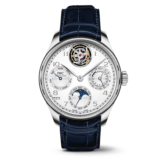 IWC Schaffhausen Portugieser Perpetual Calendar Tourbillon 45 mm Silver Dial Platinum Blue   Leather Strap IW504505
