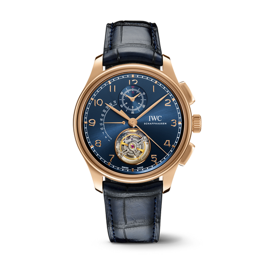 IWC Schaffhausen Portugieser Tourbillon Rétrograde Chronograph 43.5 mm Blue Dial 18k Armor Gold Blue   Leather Strap IW394005