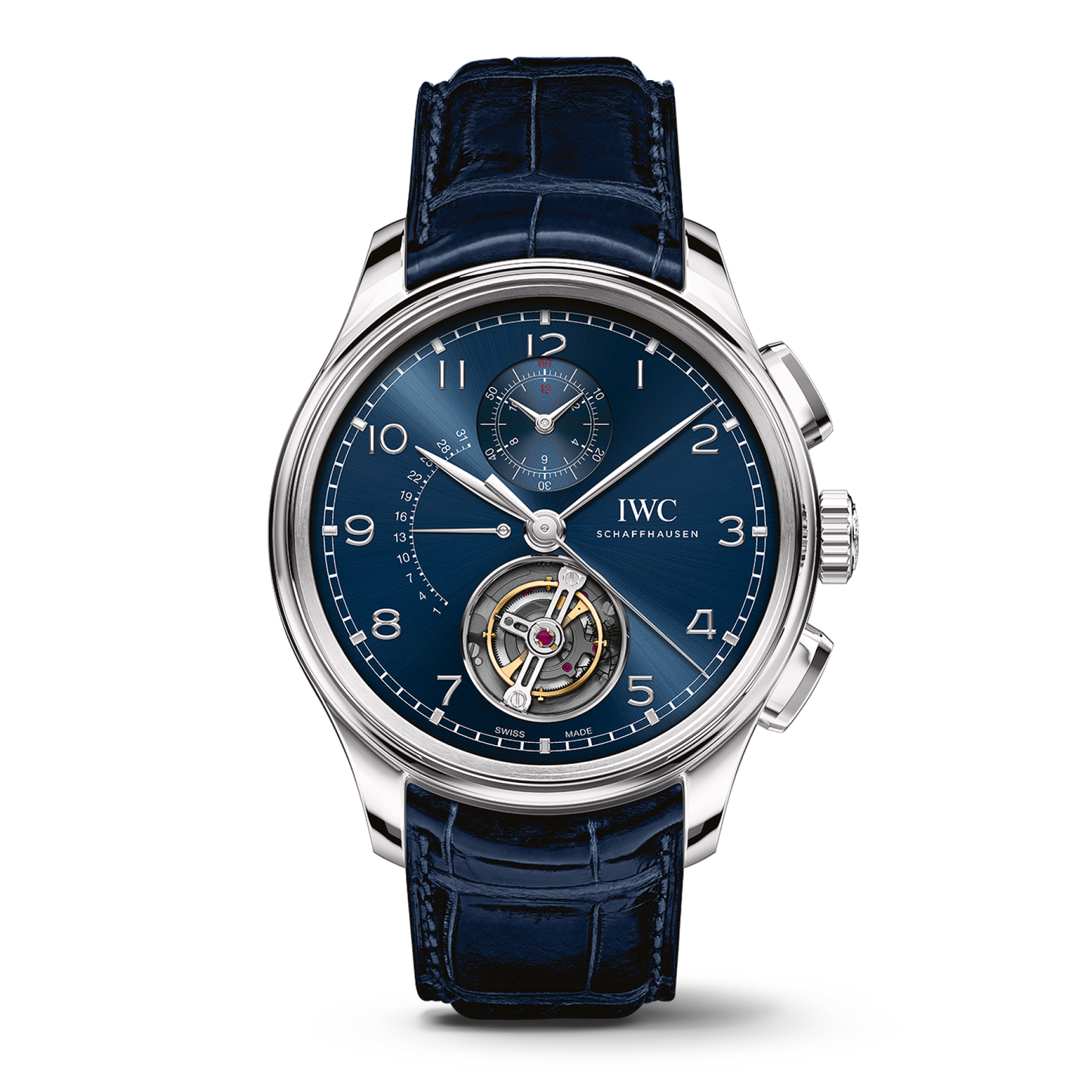 IWC Schaffhausen Portugieser Tourbillon Rétrograde Chronograph 43.5 mm Blue Dial Platinum Blue   Leather Strap IW394007