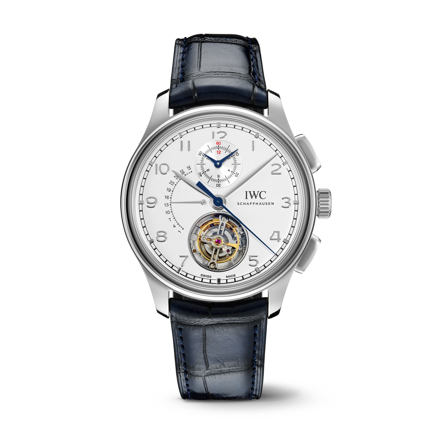 IWC Schaffhausen Portugieser Tourbillon Rétrograde Chronograph 43.5 mm Silver Dial Platinum Blue   Leather Strap IW394006
