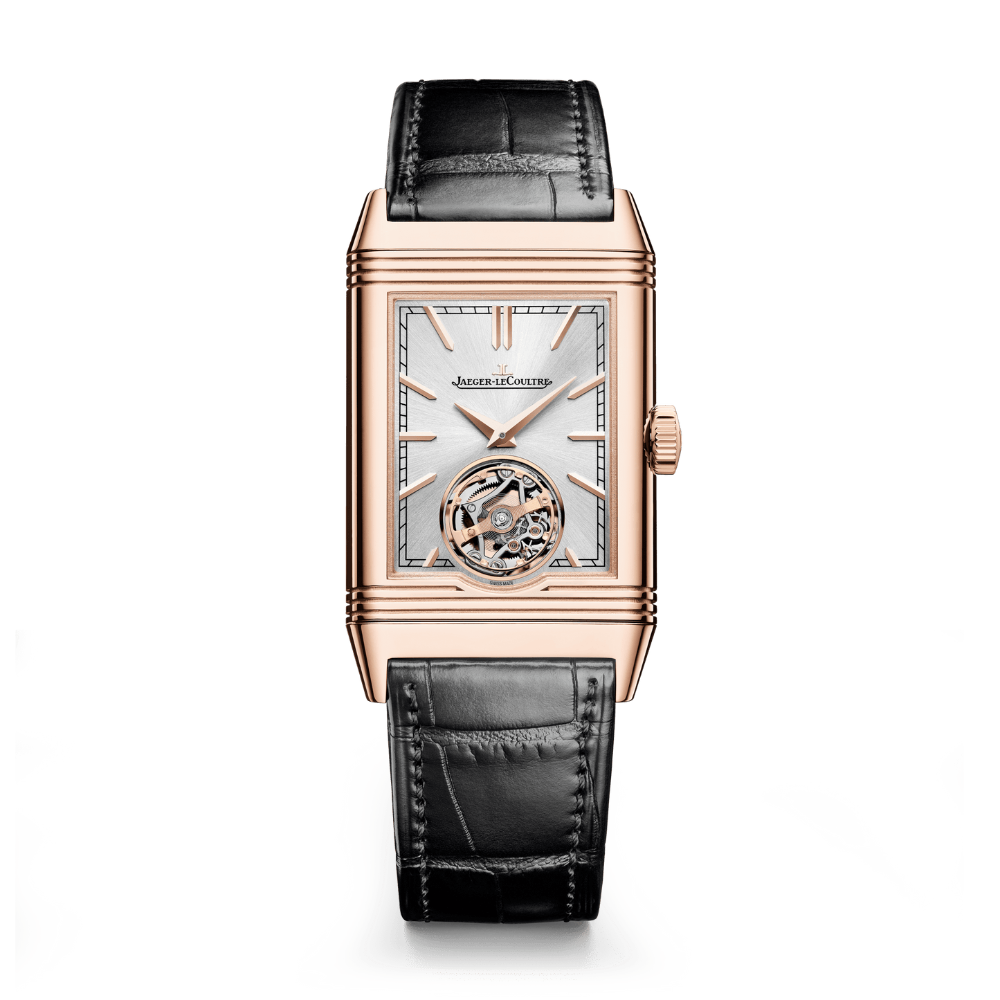 Jaeger-LeCoultre Reverso Tribute Duoface Tourbillon 45.5 x 27.4 mm Silvered Grey Dial Pink Gold   Leather Strap Q392242J
