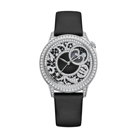 Vacheron Constantin Égérie moon phase 37 mm Black Dial with Diamonds White Gold   Leather Strap 8006F/000G-B942