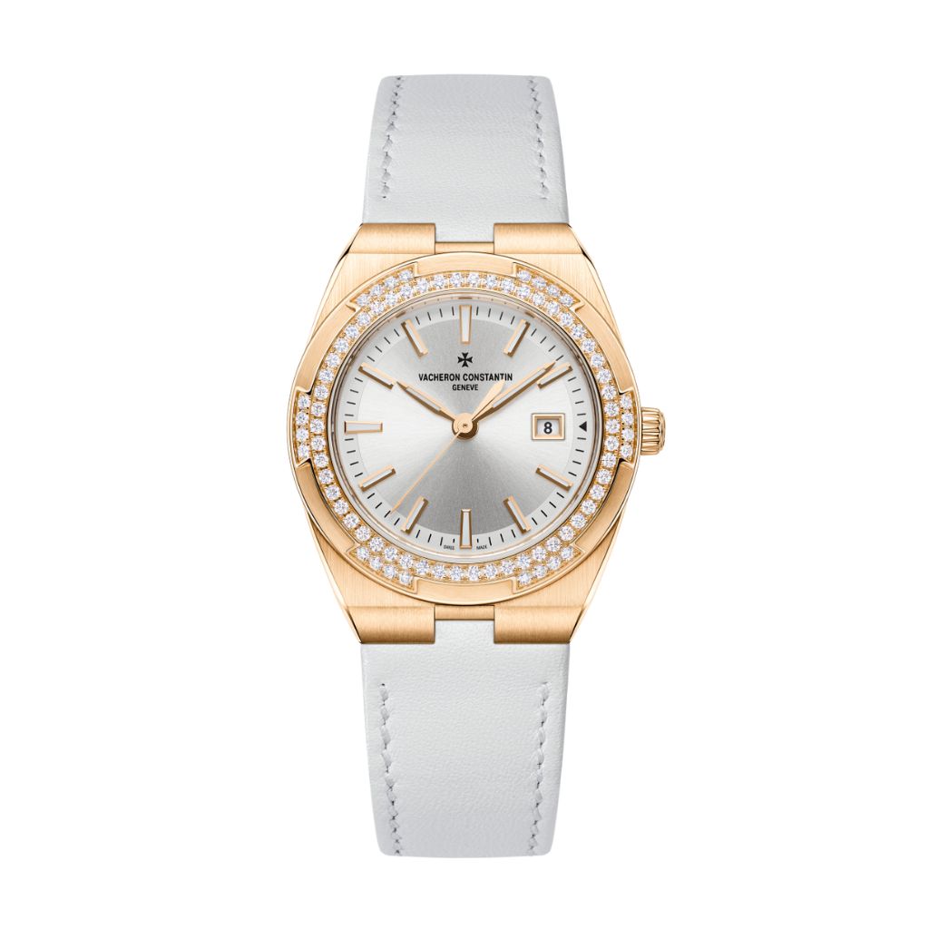 Vacheron Constantin Overseas quartz 33 mm Silver Dial with Diamonds 18K Pink Gold   Leather Strap 1225V/000R-B592