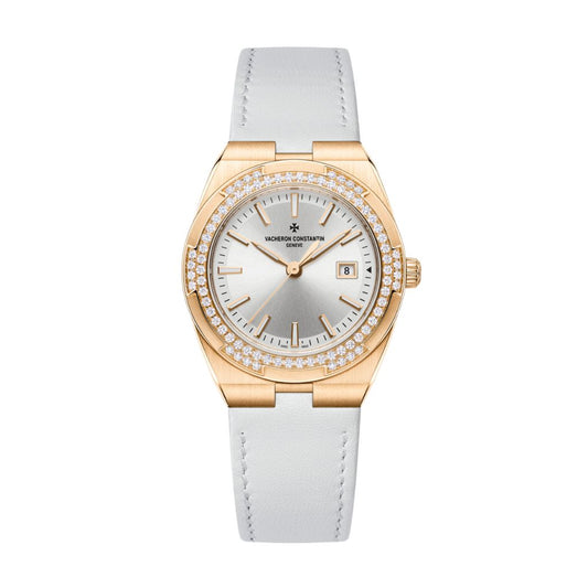 Vacheron Constantin Overseas quartz 33 mm Silver Dial with Diamonds 18K Pink Gold   Leather Strap 1225V/000R-B592