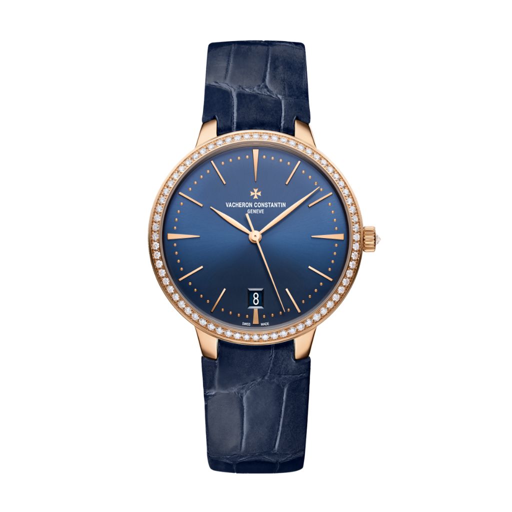 Vacheron Constantin Patrimony self-winding 36.5 mm Blue Dial with Diamonds 18K Pink Gold   Leather Strap 85515/000R-B644