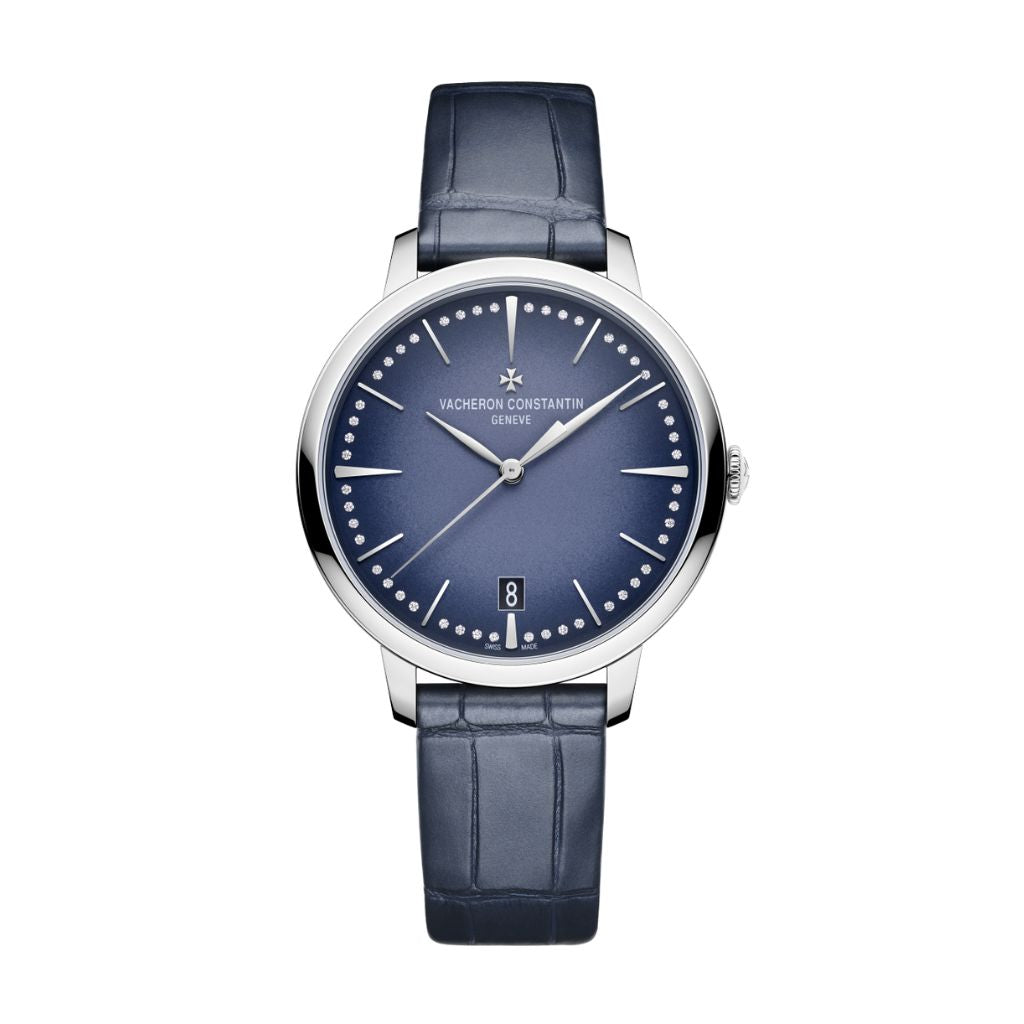 Vacheron Constantin Patrimony self-winding 36.5 mm Blue Dial with Diamonds White Gold   Leather Strap 4110U/000G-B906