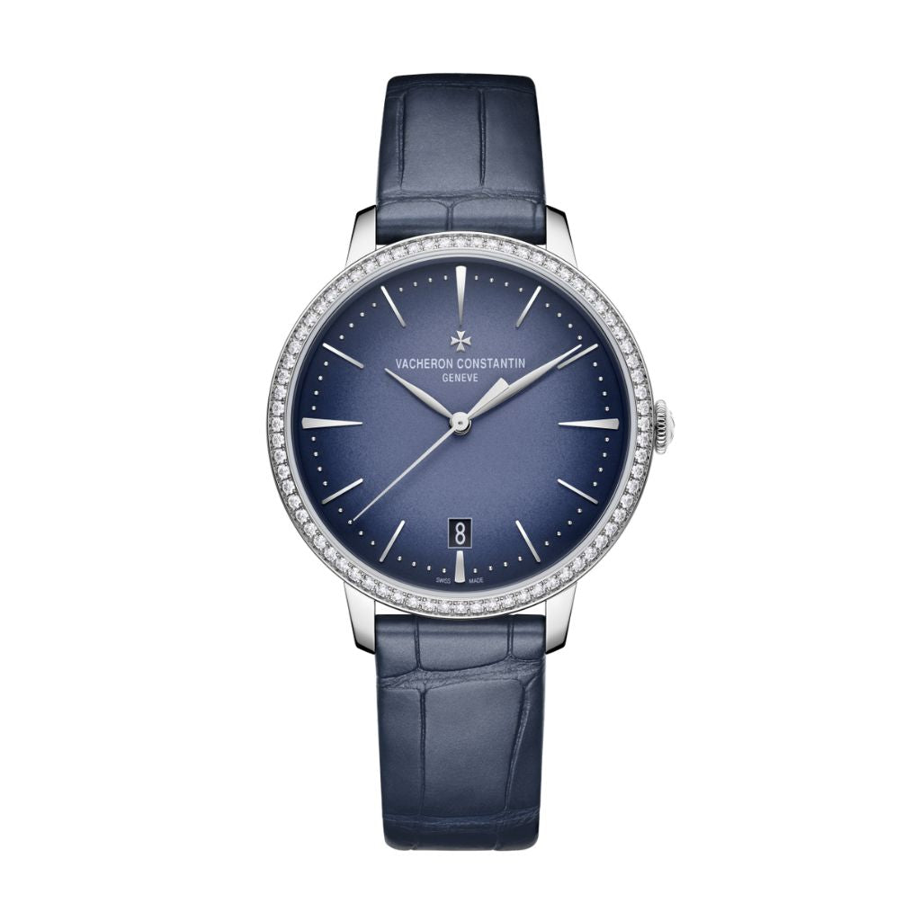 Vacheron Constantin Patrimony self-winding 36.5 mm Blue Dial with Diamonds White Gold   Leather Strap 4115U/000G-B908