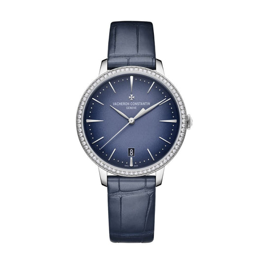 Vacheron Constantin Patrimony self-winding 36.5 mm Blue Dial with Diamonds White Gold   Leather Strap 4115U/000G-B908