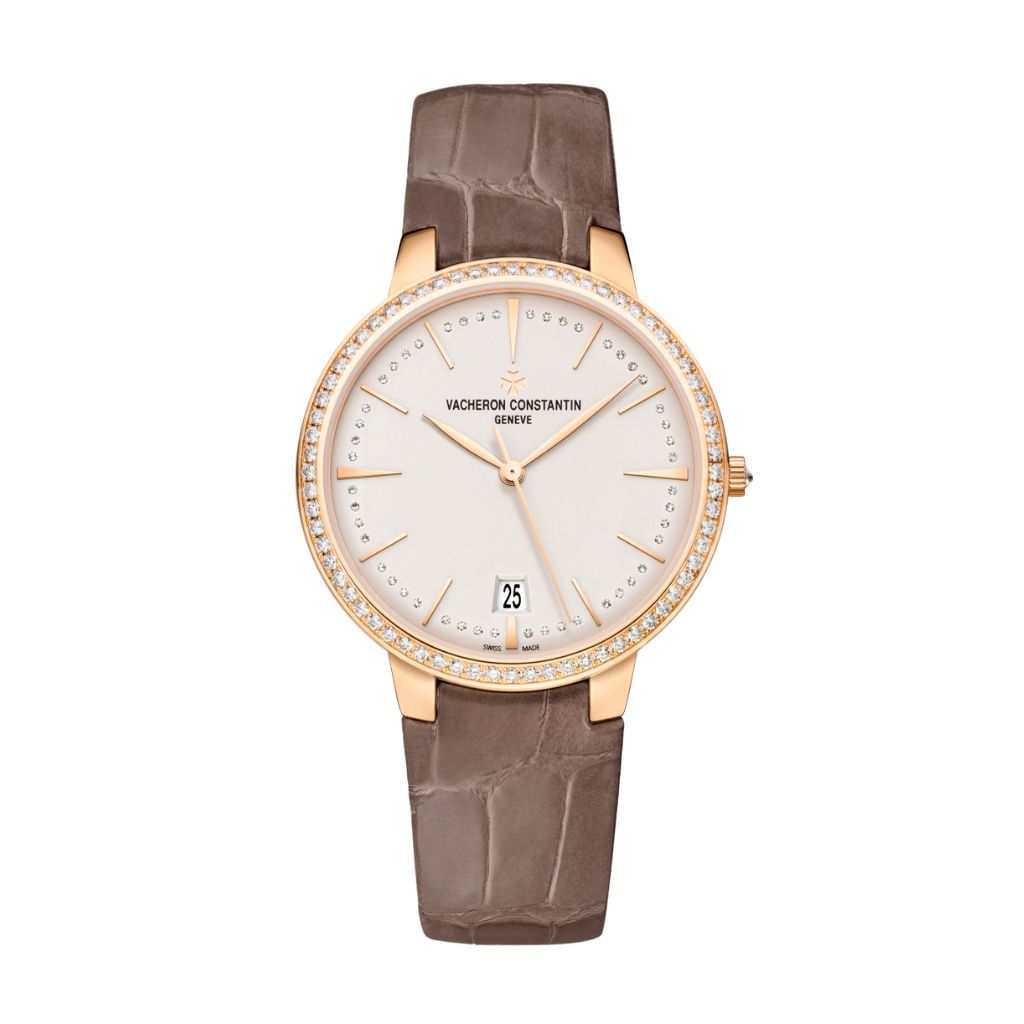 Vacheron Constantin Patrimony self-winding 36.5 mm Silver Dial with Diamonds 18K Pink Gold   Leather Strap 85515/000R-9840